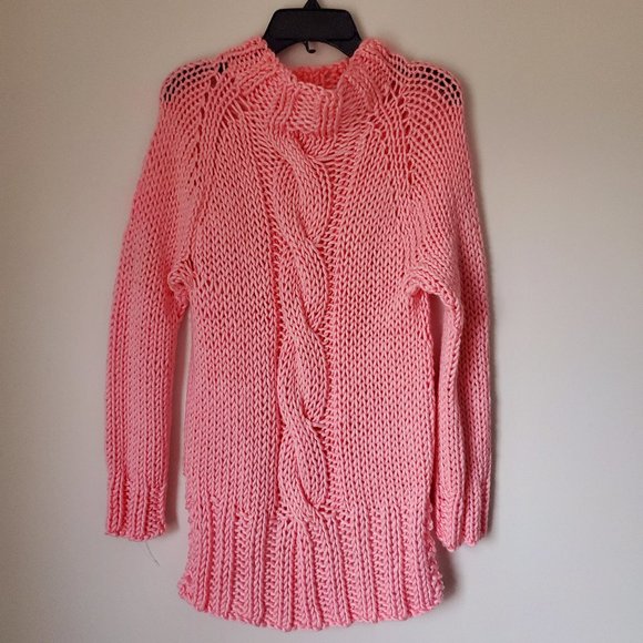 Women's Candy Pink Thick Chunky Cable Knit Pullover Sweater Handmade Hi Lo Hem - Picture 3 of 9